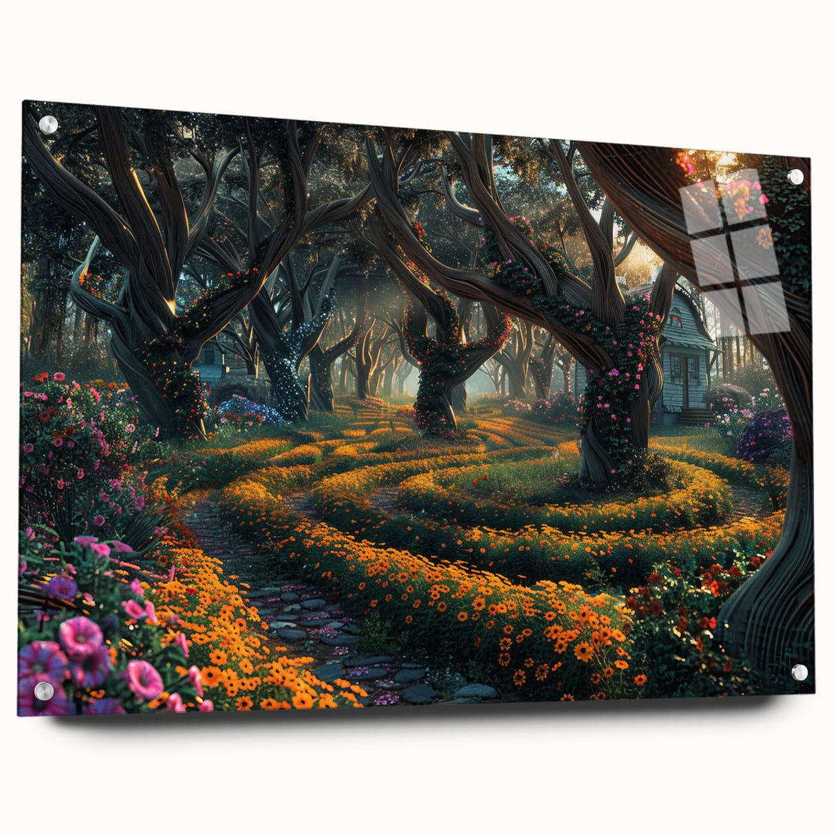 Acrylic wall art featuring a vibrant landscape design with trees, displayed in a stylish side view with pins for easy hanging. Ideal for modern home decor.