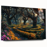 Acrylic glass wall art displaying a vibrant tree landscape design, showcasing rich greens and earthy tones, perfect for adding a natural touch to home decor.