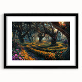 Framed wall art featuring a serene landscape of trees, presented in a stylish black frame with a mat, perfect for enhancing home decor and adding a touch of nature.