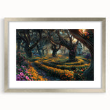 Framed wall art featuring a serene landscape design with trees, presented in a sleek silver frame with a mat, perfect for enhancing home décor.