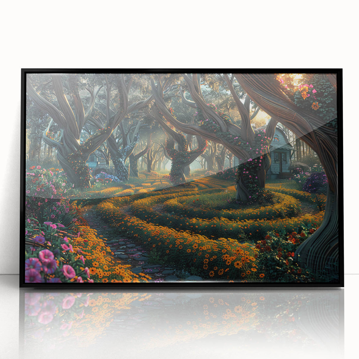 Framed acrylic wall art showcasing a stunning landscape with trees, featuring a sleek black frame, perfect for modern home decor and enhancing interior aesthetics.