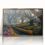 Framed acrylic wall art of a serene landscape with lush green trees and a golden frame, designed to enhance home decor with a touch of nature-inspired elegance.