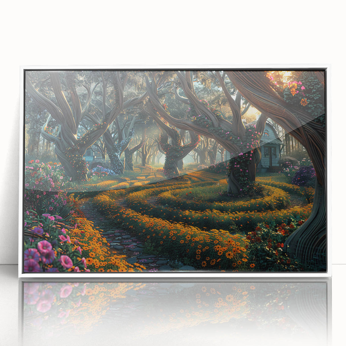 Framed acrylic wall art showcasing a serene landscape with trees, featuring a clean white frame, ideal for modern home decor. Perfect for adding nature-inspired elegance to any room.