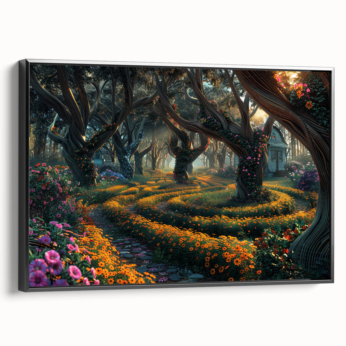 Framed canvas wall art featuring a serene landscape with trees, showcasing intricate details and a black frame, designed to enhance interior decor.