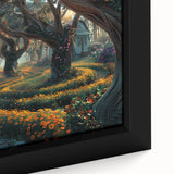 Close-up of a framed canvas wall art piece featuring a serene landscape with tall trees and vibrant green foliage, perfect for adding a touch of nature to home decor.