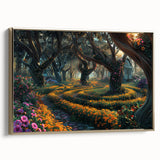 Framed canvas wall art showcasing a serene landscape with lush green trees and golden accents, ideal for enhancing home decor and creating a calming atmosphere.