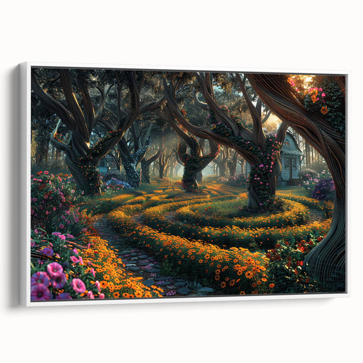 Framed canvas wall art showcasing a serene landscape with vibrant trees, featuring a white frame and side view, perfect for modern home decor and nature enthusiasts.