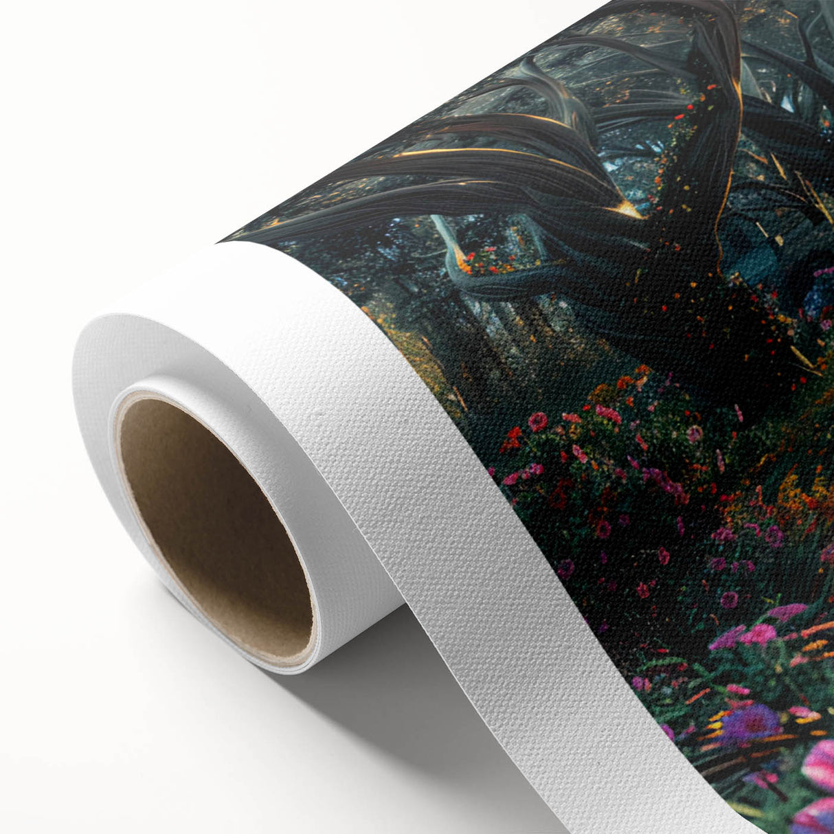 Vibrant landscape wall art design showcasing lush green trees against a tranquil blue sky, printed on rolled canvas for easy framing and display.