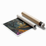 Rolled print showcasing a vibrant landscape design featuring lush green trees and a serene sky, ideal for home decor. The artwork captures nature's beauty with intricate details, perfect for enhancing any living space.