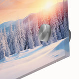 Close-up of a vibrant acrylic glass wall art piece showcasing a serene landscape with lush green trees and a tranquil sky, perfect for modern home decor.