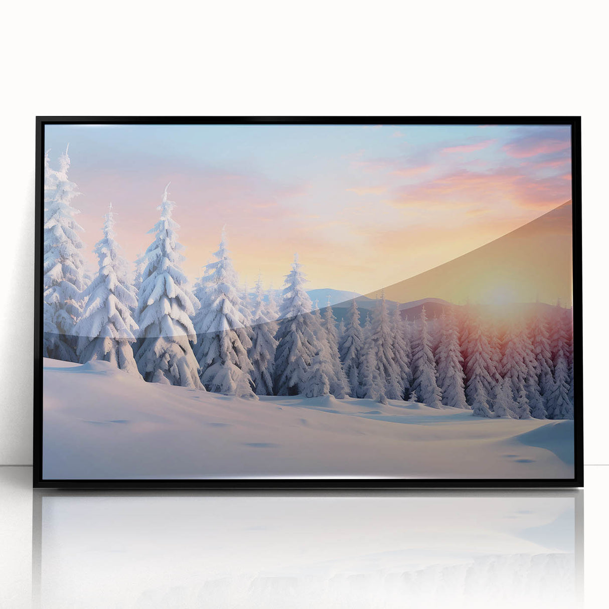 Framed wall art featuring a contemporary landscape design with trees, displayed in a sleek black frame, perfect for modern home decor.