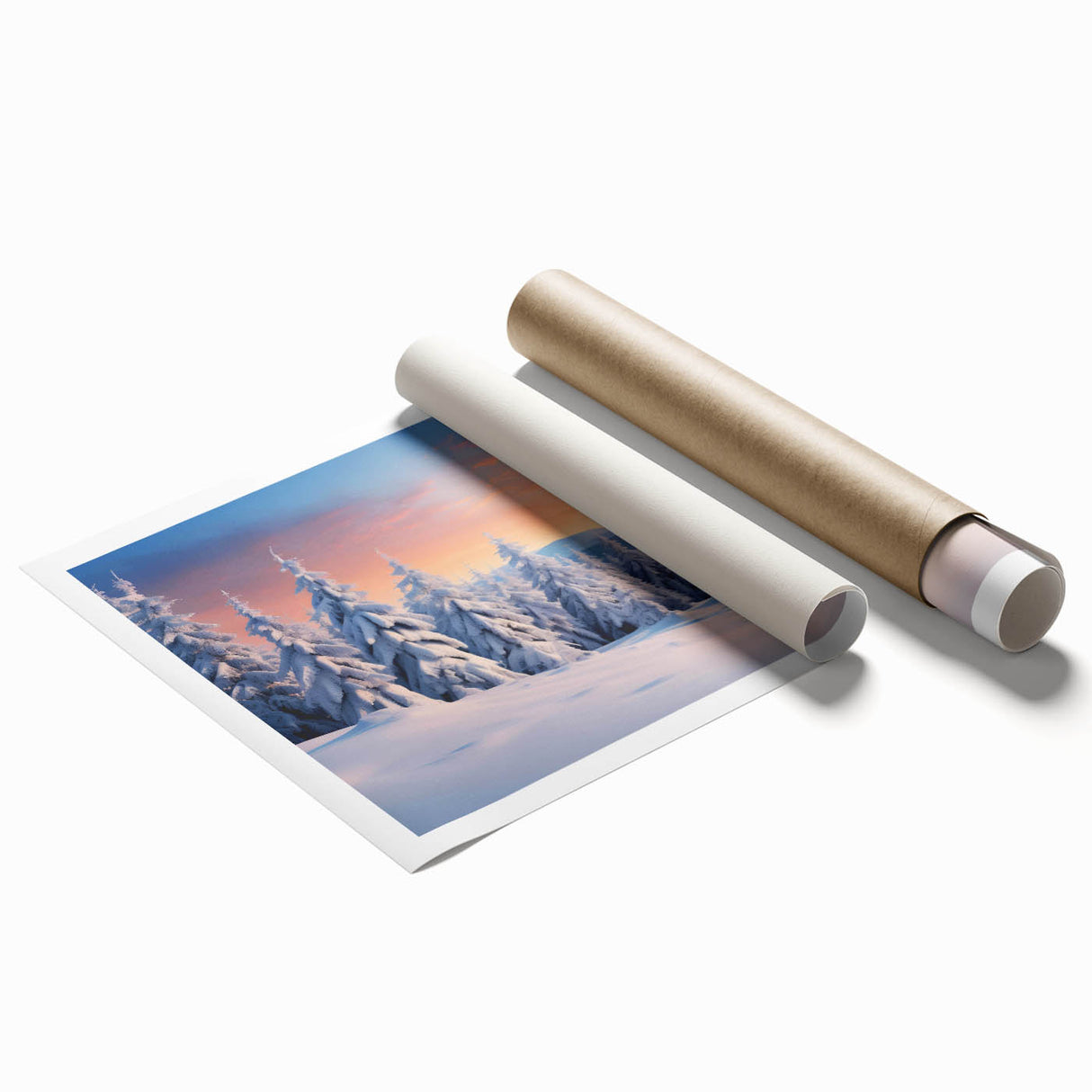 Rolled print showcasing a vibrant landscape design with trees, featuring rich greens and earthy tones, perfect for home decor or art collection.