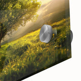 Close-up of a vibrant acrylic glass wall art piece showcasing a serene landscape with trees, ideal for modern home decor, emphasizing natural beauty and tranquility.