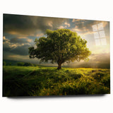 Acrylic wall art showcasing a vibrant tree landscape design, framed in glass and displayed from the side, perfect for enhancing modern interior decor.