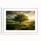 Framed wall art featuring a serene landscape design with lush green trees and a soft blue sky, presented in a white mat, perfect for home decor.