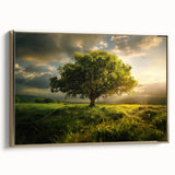 Framed canvas wall art showcasing a vibrant landscape design with trees, featuring a gold frame and elegant side view, perfect for home decor enhancement.