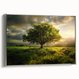 Framed canvas wall art showcasing a serene landscape with tall trees against a silver backdrop, perfect for enhancing modern home decor. The design emphasizes tranquility and nature, ideal for living spaces or offices.