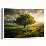 Framed canvas wall art featuring a serene landscape design with vibrant trees and a calming color palette, displayed in a modern white frame, ideal for home decor.