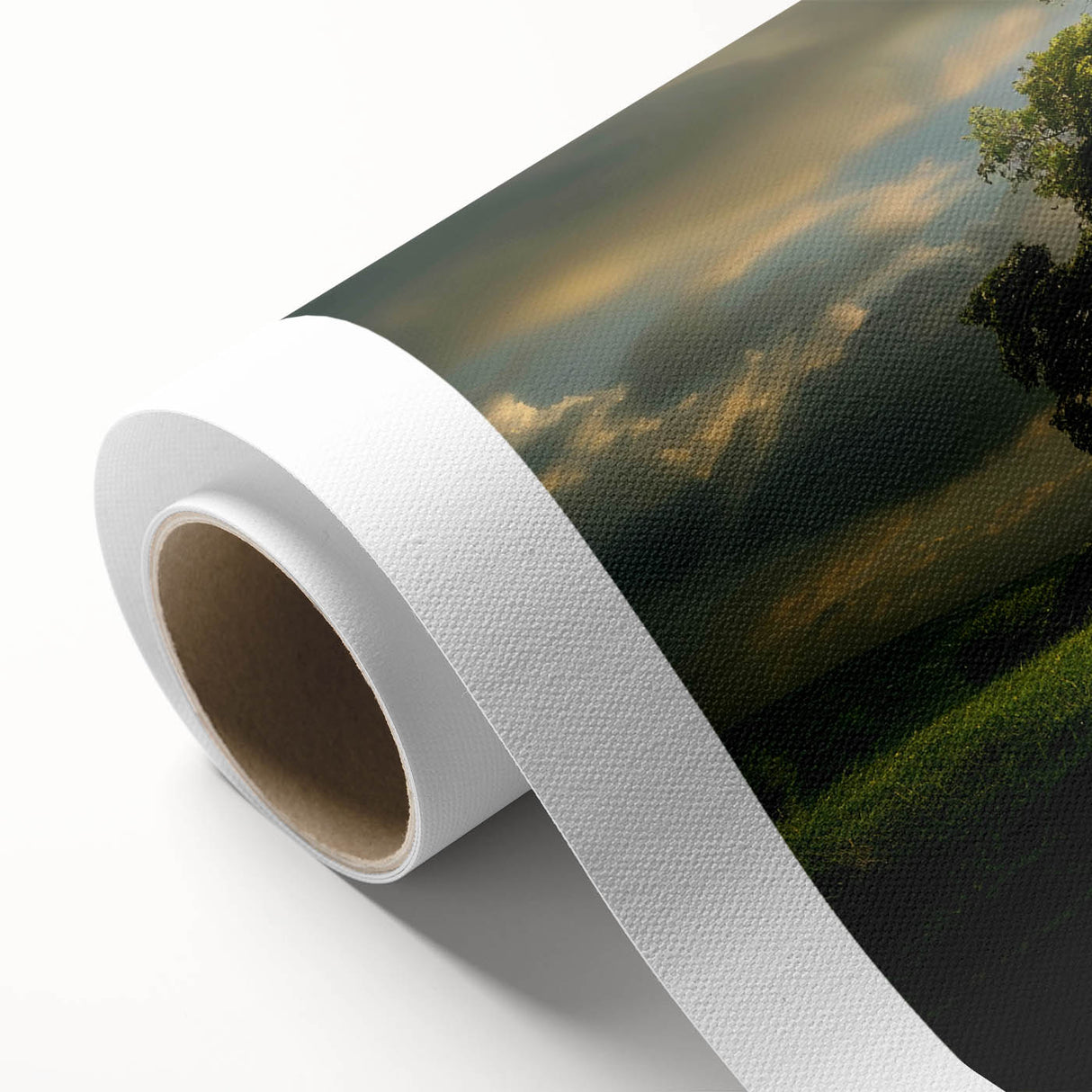 Rolled canvas art showcasing a serene landscape with lush green trees and a vibrant blue sky, designed for home decor, showcasing nature's tranquility.