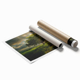 Rolled canvas print showcasing a vibrant landscape design with lush green trees and a serene blue sky, ideal for home decor and nature enthusiasts.