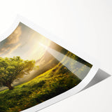 Rolled print showcasing a serene landscape with vibrant green trees against a blue sky, perfect for home decor or nature-themed spaces. Ideal for art enthusiasts.