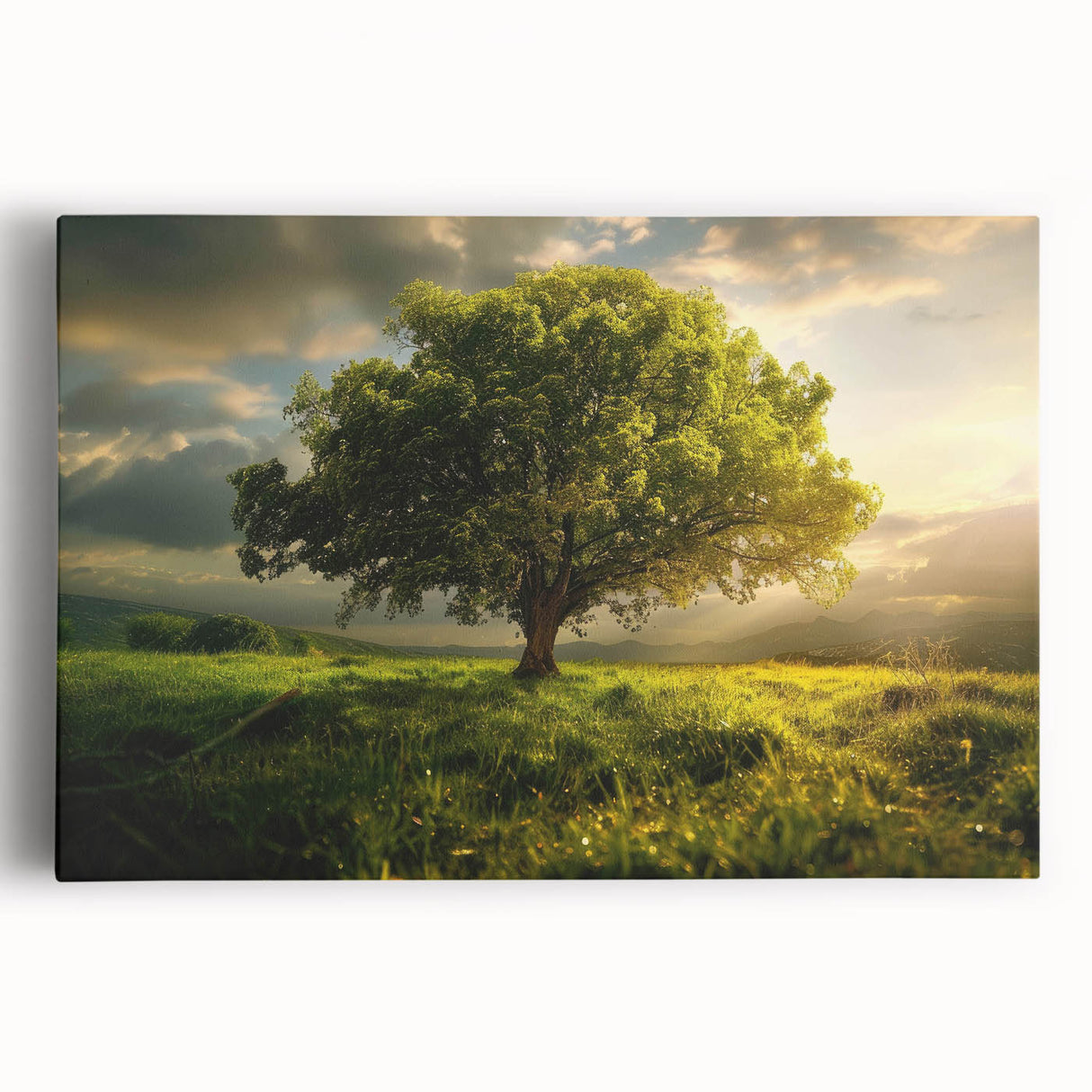 Stretched canvas wall art showcasing a vibrant landscape with trees, featuring rich green and brown hues. Ideal for enhancing living spaces with nature-inspired decor.