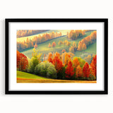 Framed wall art featuring a serene landscape with lush trees, presented in a sleek black frame and mat, perfect for enhancing home decor.