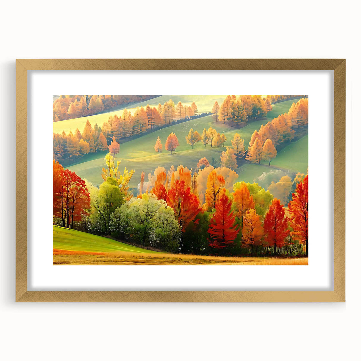 Framed wall art collection featuring a scenic landscape with trees, elegantly matted and finished in gold, perfect for modern home decor and nature lovers.