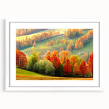 Framed wall art featuring a serene landscape with tall, green trees and a soft blue sky, displayed in a sleek white mat, ideal for home decor.