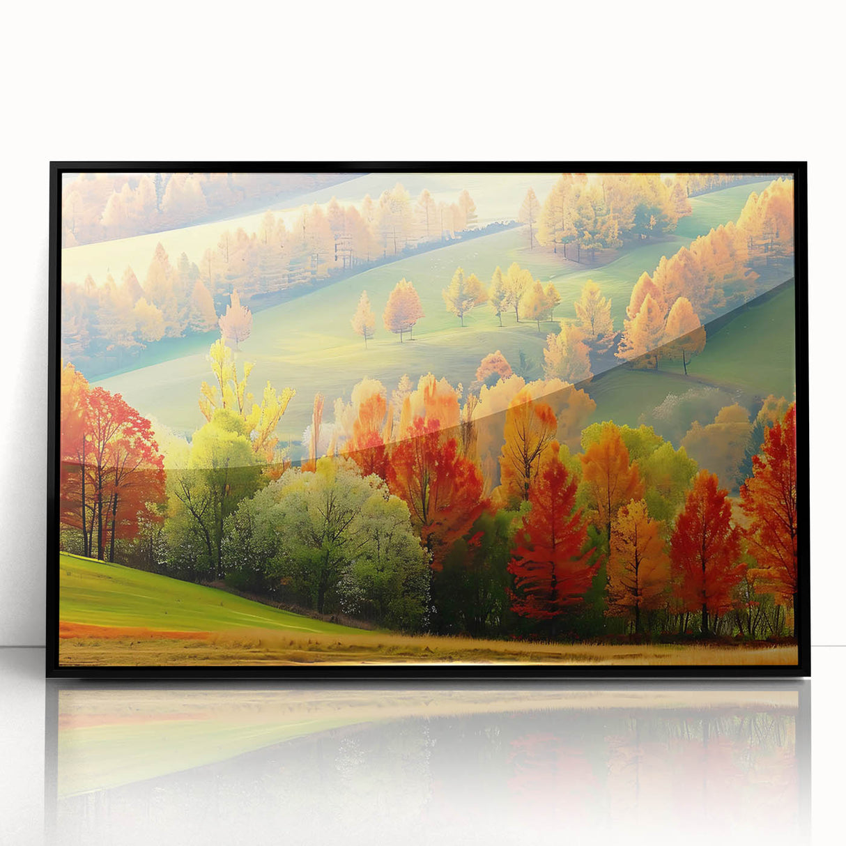 Framed acrylic wall art featuring a striking landscape design with trees, set against a sleek black frame, perfect for modern home decor. Ideal for nature enthusiasts and art lovers.