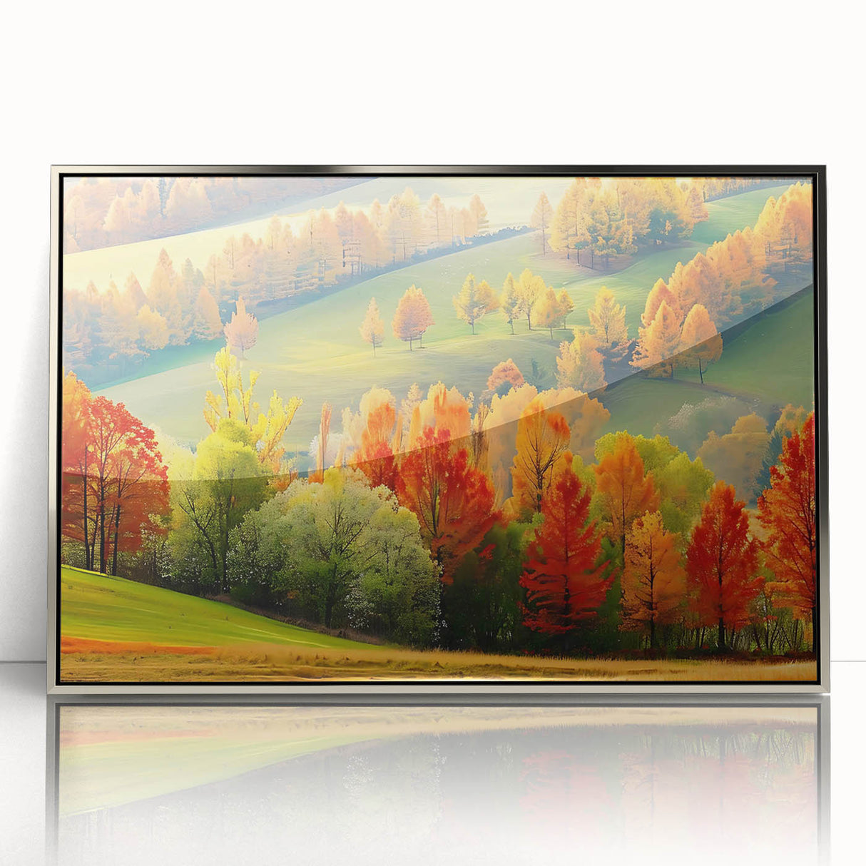 Framed acrylic wall art featuring a serene landscape design with lush green trees and a silver frame, ideal for modern home decor and nature enthusiasts. This piece enhances any room with its vibrant colors and tranquil imagery.