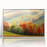 Framed wall art showcasing a serene landscape with trees, featuring an acrylic finish and a clean white frame, perfect for modern home decor.