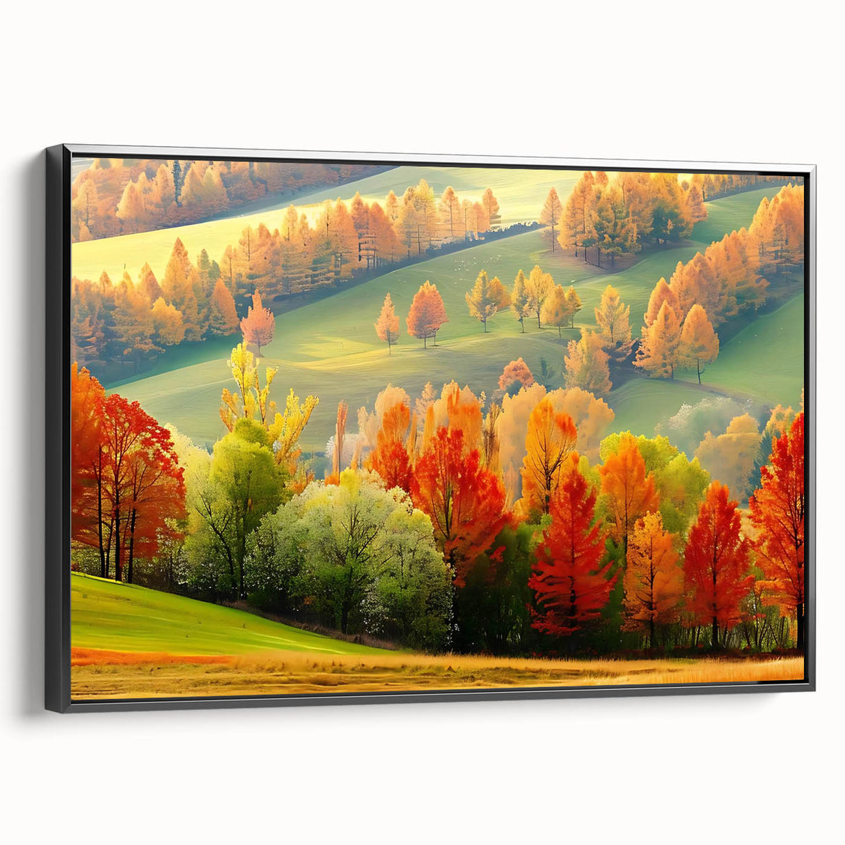 Framed canvas wall art showcasing a serene landscape with trees, featuring a black border, presented from a side view, perfect for home decor.