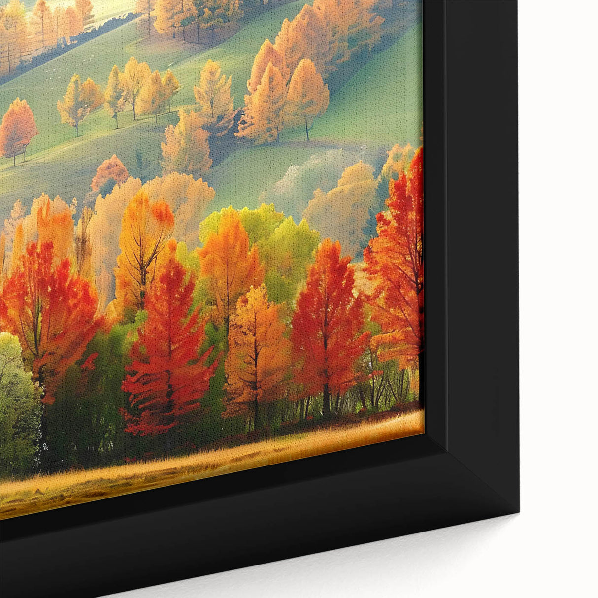Framed canvas wall art of vibrant green trees set against a serene blue sky, showcasing detailed textures and colors for a calming nature-inspired decor.