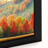 Framed canvas wall art of vibrant green trees set against a serene blue sky, showcasing detailed textures and colors for a calming nature-inspired decor.