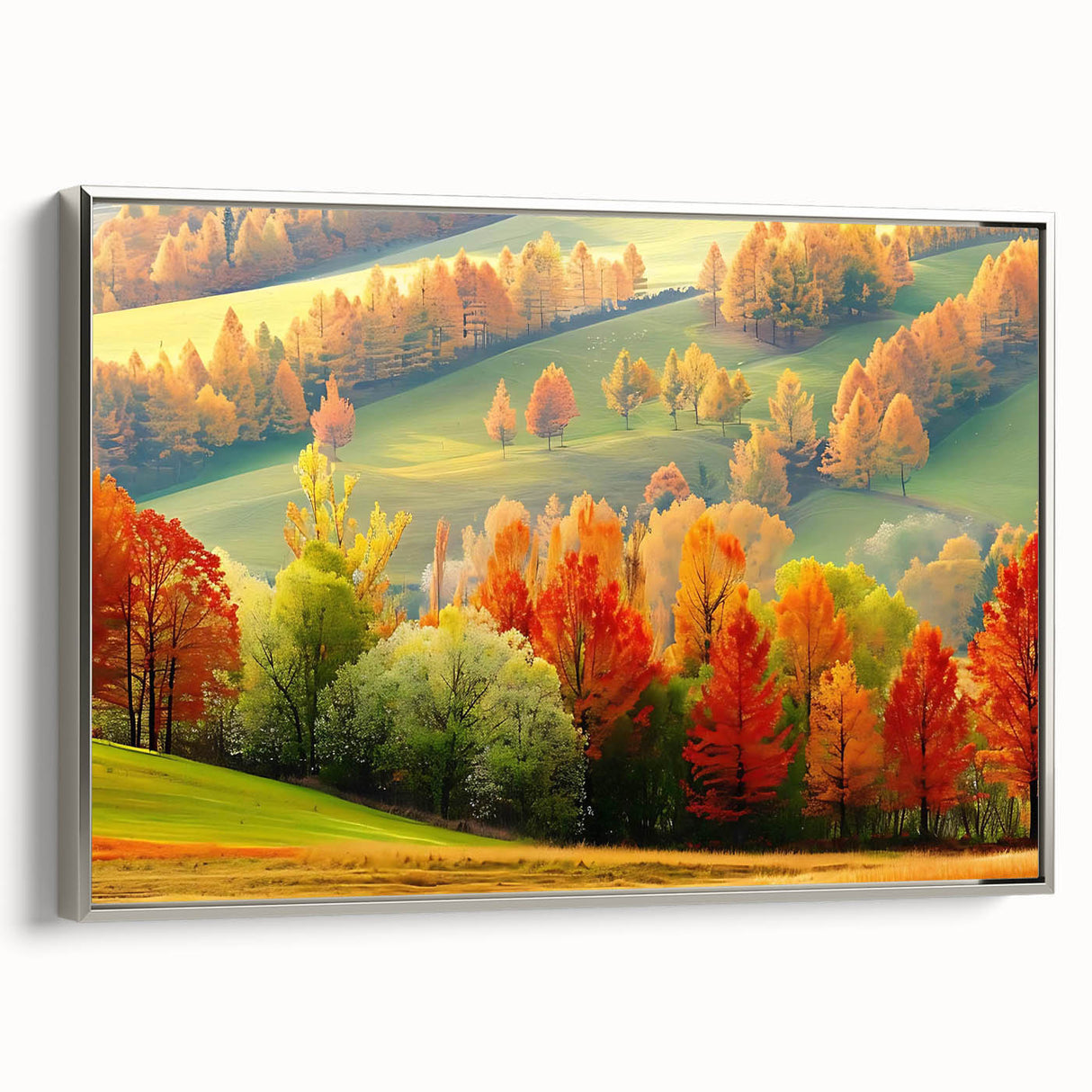 Framed canvas wall art showcasing a serene landscape with trees and a silver frame, perfect for enhancing home decor and bringing nature indoors.