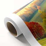 Rolled canvas artwork showcasing a vibrant landscape design with diverse trees and vivid colors, ideal for home decor, elegantly packaged in a protective cardboard tube.