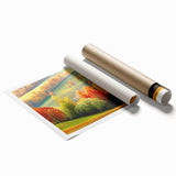 Rolled print showcasing a vibrant landscape with stylized trees, designed for wall art collection, featuring rich colors and intricate details, perfect for home decor.