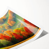 Rolled print showcasing a vibrant landscape with lush green trees and a serene blue sky, ideal for home decor or office wall art, packaged securely in a tube.