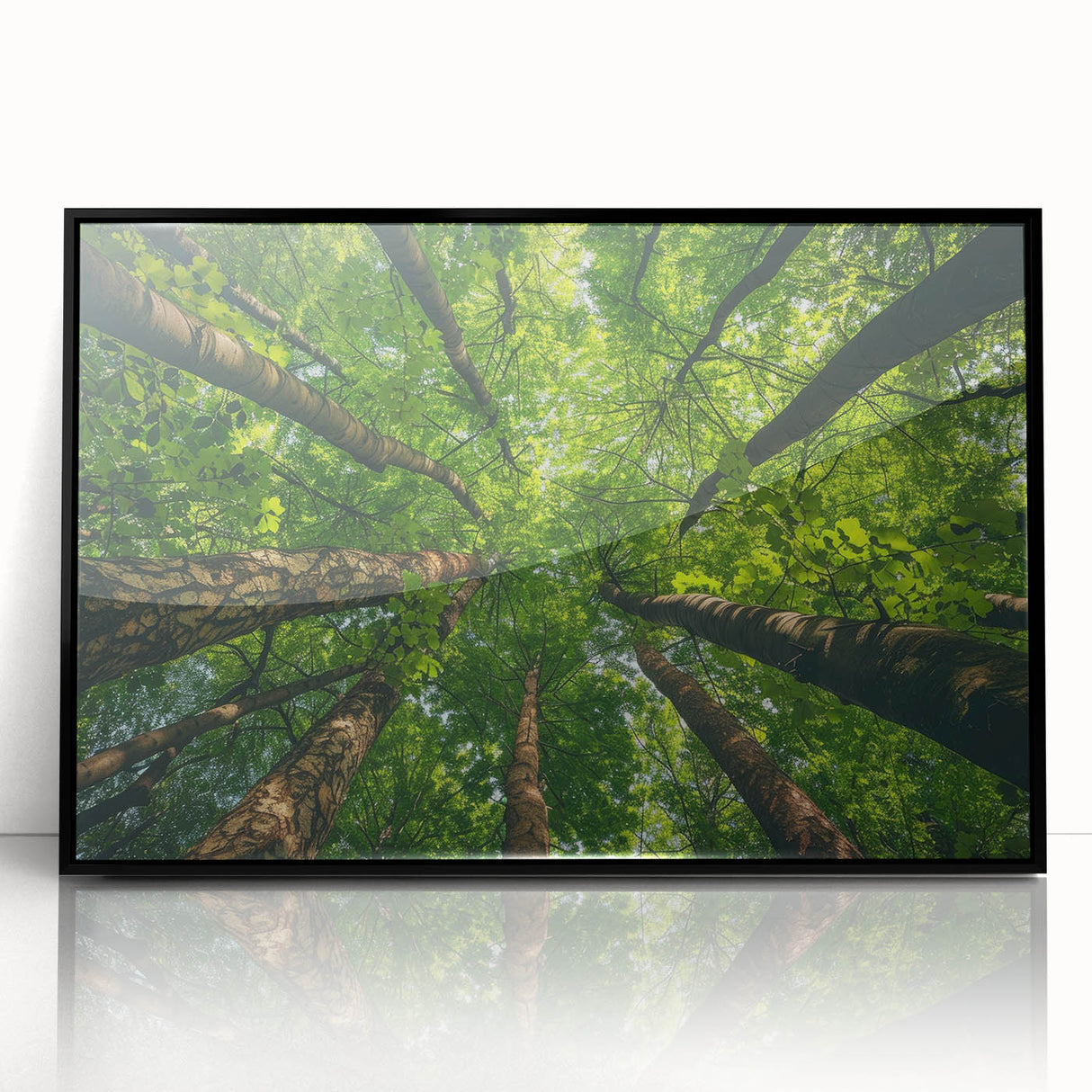 Framed acrylic wall art collection showcasing a serene landscape with vibrant green trees, set against a sleek black frame, ideal for modern home décor.