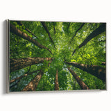 Framed canvas wall art showcasing a serene landscape with trees, featuring a silver frame and elegant side view, perfect for home decor enhancement.