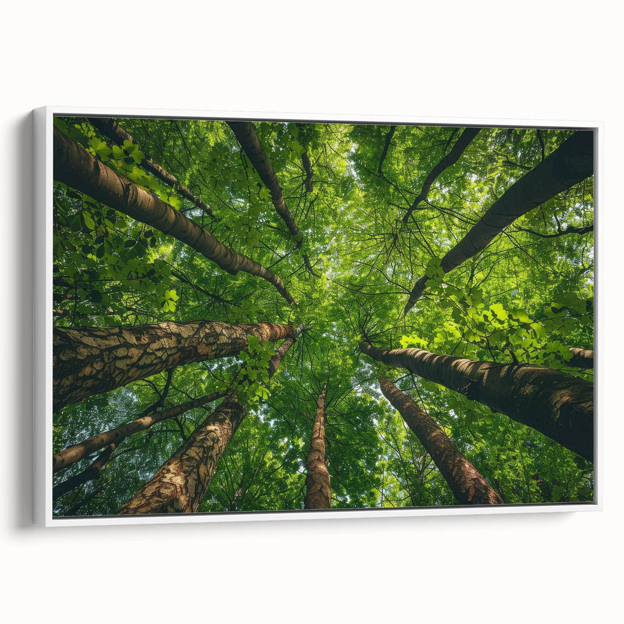 Framed canvas wall art showcasing an elegant landscape design with vibrant trees and a serene atmosphere, perfect for enhancing home decor. The artwork is presented from a white side view, emphasizing its modern frame and artistic details.