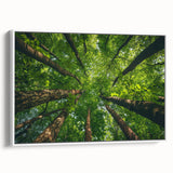 Framed canvas wall art showcasing an elegant landscape design with vibrant trees and a serene atmosphere, perfect for enhancing home decor. The artwork is presented from a white side view, emphasizing its modern frame and artistic details.