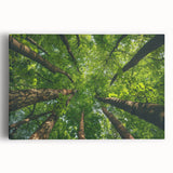 Stretched canvas wall art featuring a serene landscape of trees, showcasing vibrant greens and earthy tones, perfect for home decor and nature lovers.