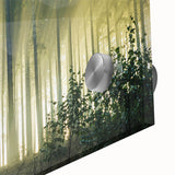 Close-up of a vibrant landscape wall art piece featuring stylized trees and abstract designs, printed on acrylic glass for a modern touch, ideal for home decor.