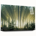 Acrylic glass wall art featuring a serene landscape with lush green trees and vibrant colors, designed for modern decor, displayed at an angle with pins.