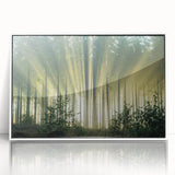 Framed wall art featuring a serene landscape design with trees, presented in a sleek white frame, ideal for home decor and enhancing interior spaces.