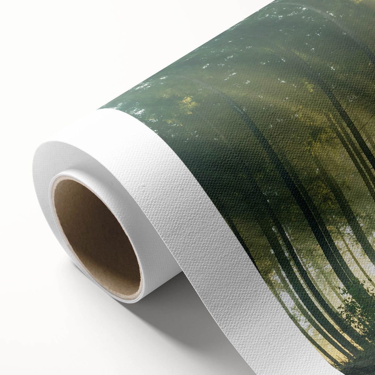Rolled canvas artwork showcasing a vibrant landscape design featuring lush green trees and a serene blue sky, ideal for enhancing home decor.