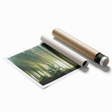 Rolled print showcasing a serene landscape with lush green trees and a tranquil atmosphere, ideal for home decor. The artwork emphasizes nature's beauty, perfect for adding a calming touch to any space.