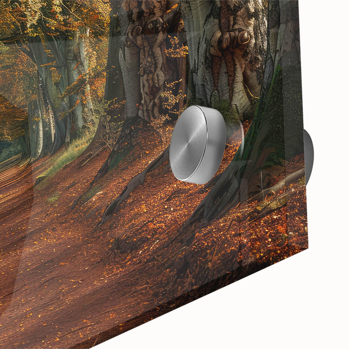 Close-up view of a vibrant acrylic glass wall art piece featuring a serene landscape with colorful trees, ideal for modern home decor and nature lovers.